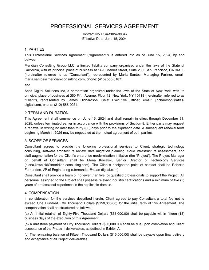 Page 1 of the sample agreement with names, addresses, emails and phone numbers visible.
