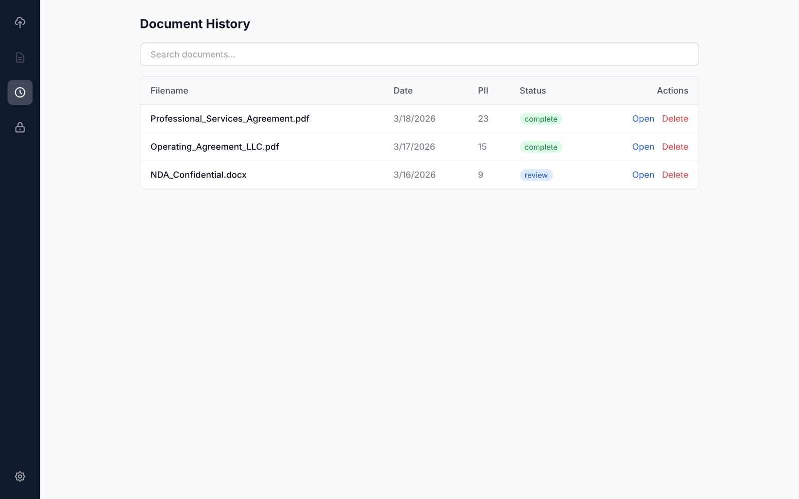 Document history list with status and number of findings.