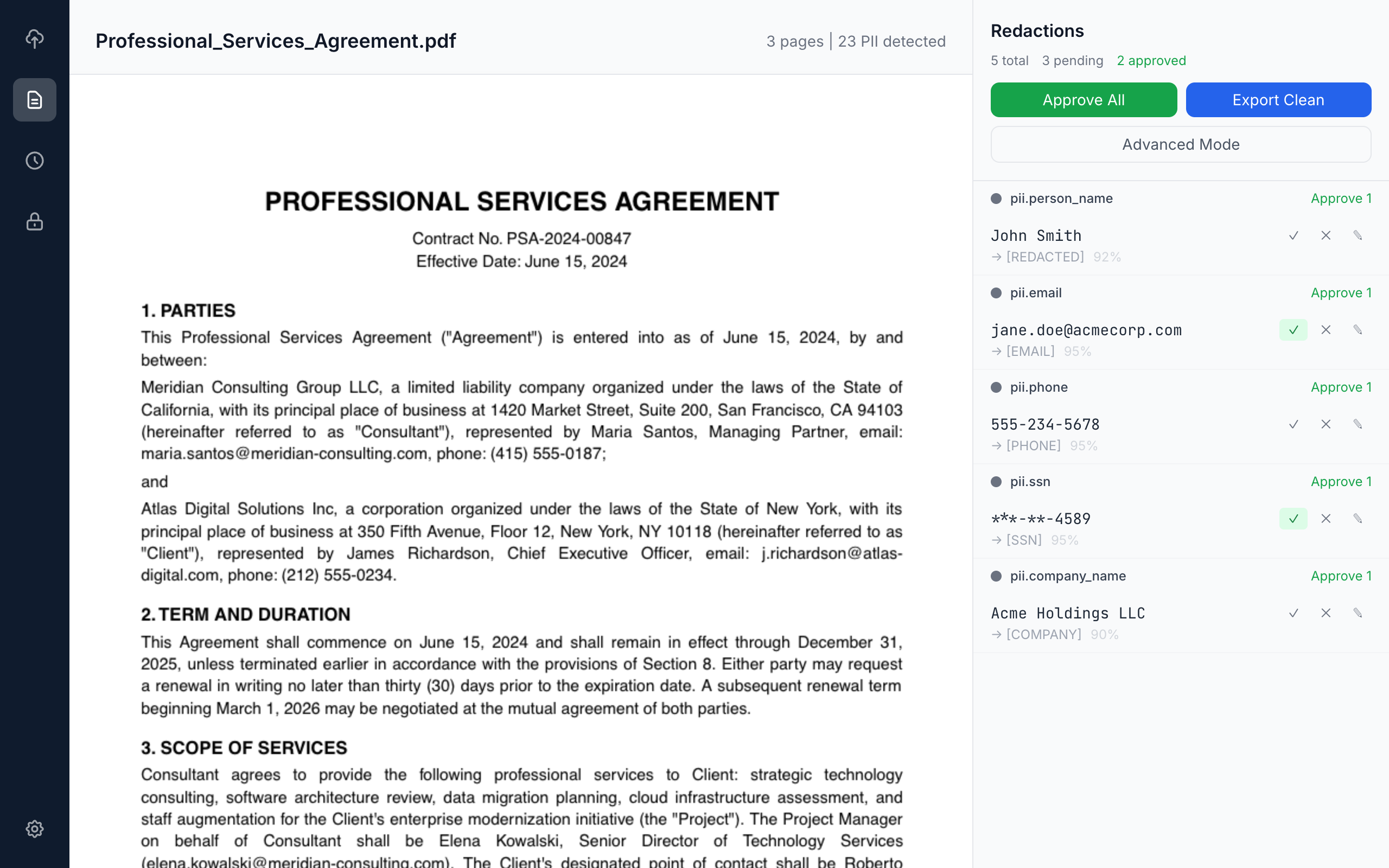 Qvault Review View with PII Highlighted